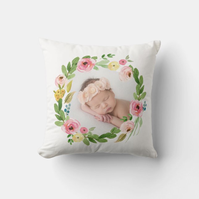 Watercolor wreath blush pink personalized photo throw pillow (Front)