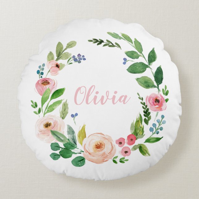Watercolor wreath blush pink personalized round pillow (Front)