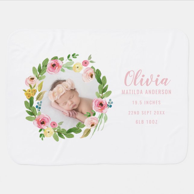 Watercolor wreath blush pink photo birth details baby blanket (Horizontal)