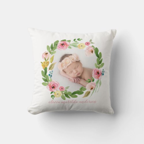 Watercolor wreath blush pink photo birth details throw pillow