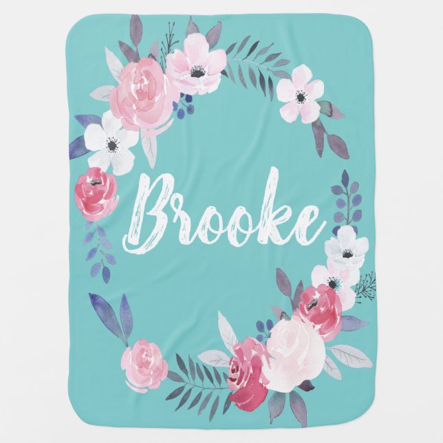 Watercolor Wreath Boho Bohemian Girly Floral Baby Blanket (Front)