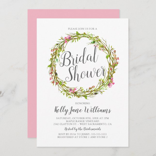 Watercolor Wreath Boho Chic Bridal Shower Invitation (Front/Back)