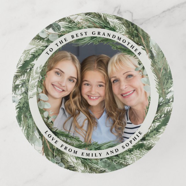 Watercolor wreath botanical elegant photo gift trinket tray (Front)