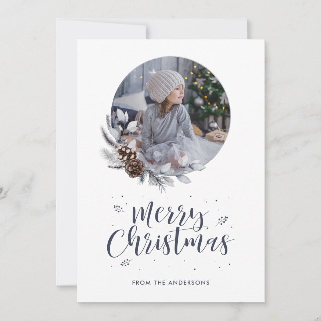 Watercolor Wreath Calligraphy Photo Christmas Card (Front)