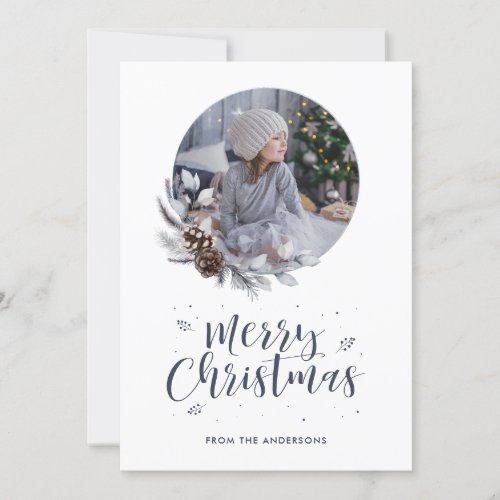 Watercolor Wreath Calligraphy Photo Christmas Card