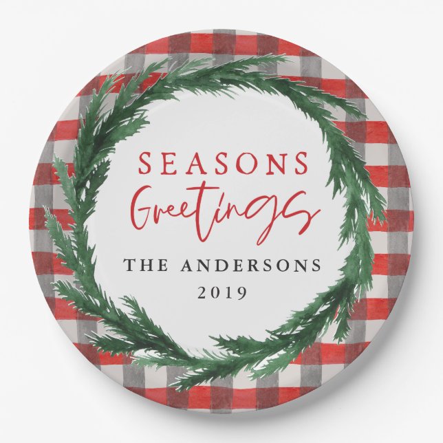 Watercolor wreath + check Christmas holiday Paper Plates (Front)