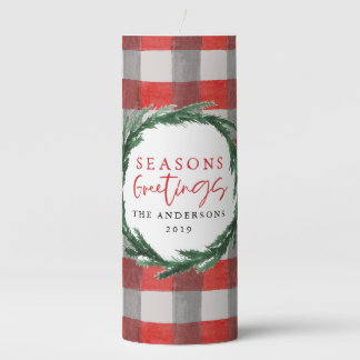 Watercolor wreath + check christmas holiday pillar candle
