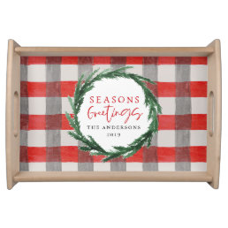 Watercolor wreath + check photo christmas holiday serving tray