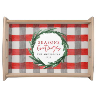 Watercolor wreath + check photo christmas holiday serving tray
