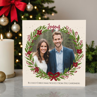 Watercolor Wreath Chic Green Red Bow Modern Photo Holiday Card