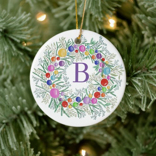 Watercolor Wreath Christmas Ceramic Ornament