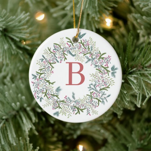 Watercolor Wreath Christmas Ceramic Ornament