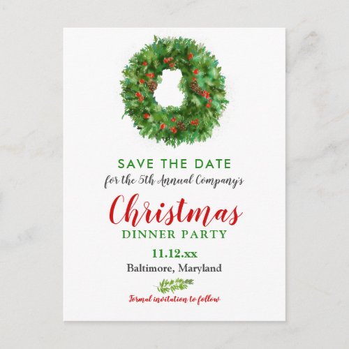 Watercolor Wreath Christmas Dinner  Holiday Party Announcement Postcard