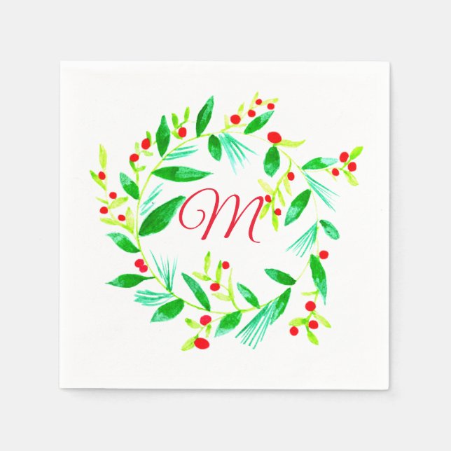Watercolor Wreath Christmas Napkins (Front)