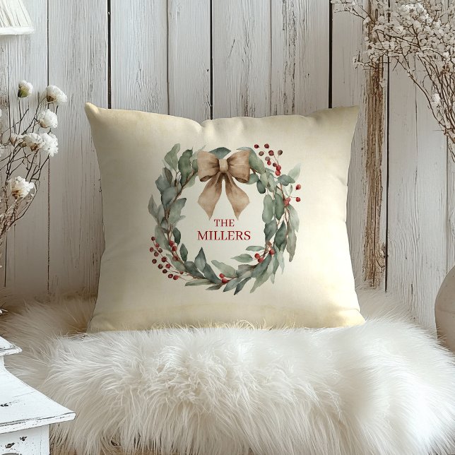  Watercolor Wreath Christmas  Throw Pillow (Watercolor Eucalyptus Christmas Wreath Custom Pillow)