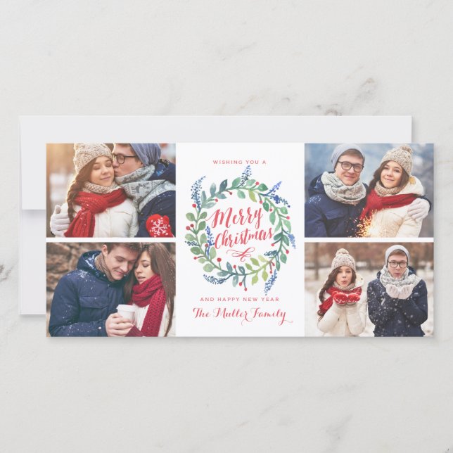 Watercolor Wreath Collection 4 Photo Holiday Card (Front)