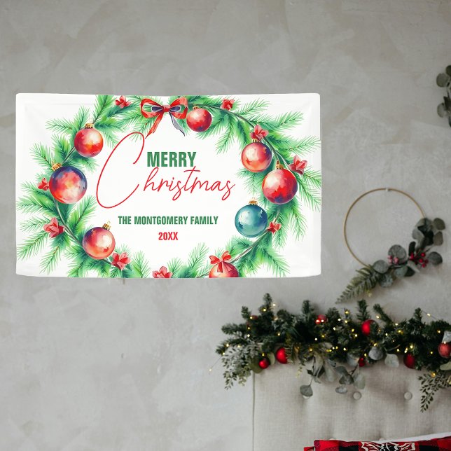 Watercolor Wreath Family Christmas Party Welcome Banner (Creator Uploaded)