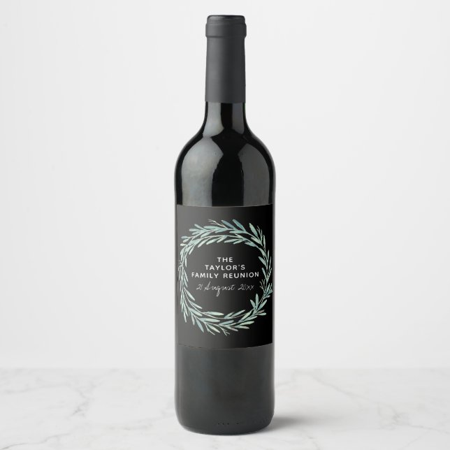 Watercolor Wreath Family Reunion Greenery Wine Label (Front)