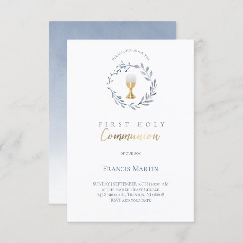watercolor wreath  first holy communion invitation