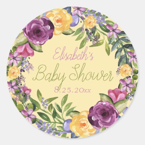 Watercolor Wreath Floral Bouquet Baby Shower Classic Round Sticker