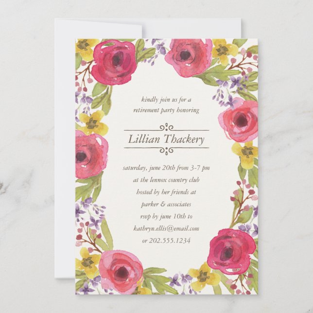 Watercolor Wreath | Floral Retirement Party Invitation (Front)