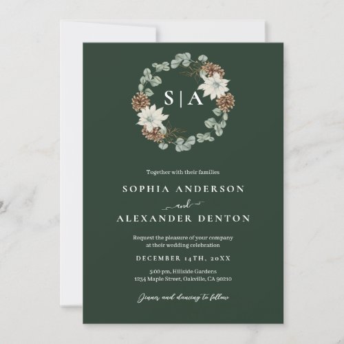 Watercolor wreath forest green  invitation