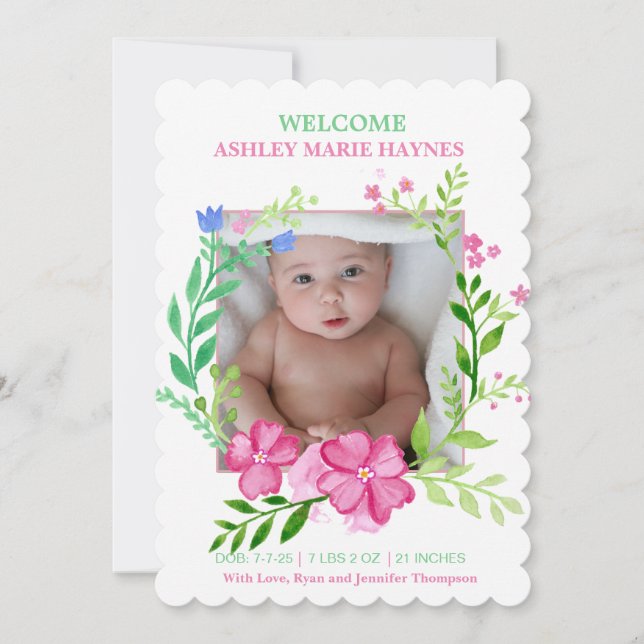 Watercolor Wreath Girls Photo Baby Announcement (Front)