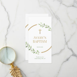 Watercolor wreath Gold cross Baptism Bookmark Thank You Card