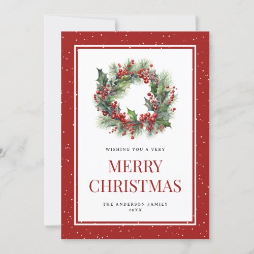 Watercolor Wreath Holly Red Berries Snowy Holiday Card
