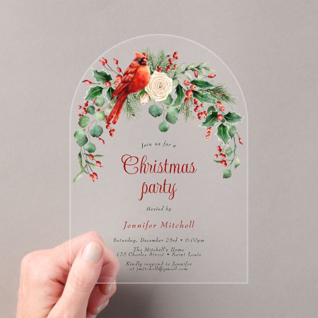 Watercolor Wreath Holly Red Green Christmas Party Acrylic Invitations (Insitu (Handheld))