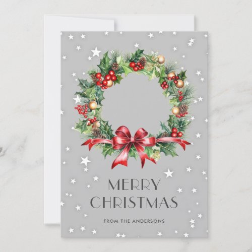 Watercolor Wreath Holly Stars Merry Christmas Card