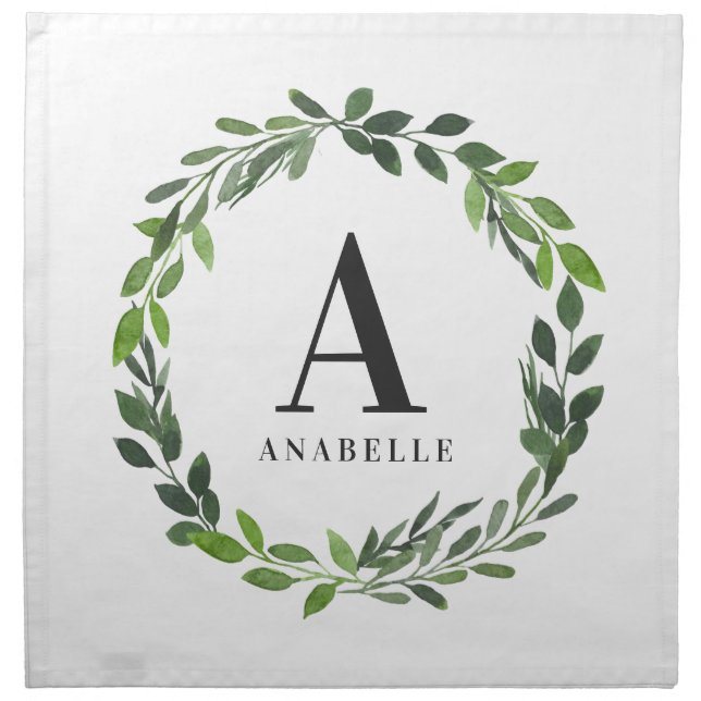 Watercolor wreath initial cloth napkin (Front)