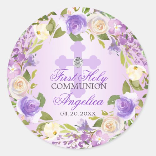 Watercolor Wreath Lavender Purple First Communion Classic Round Sticker