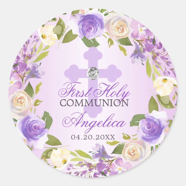 Watercolor Wreath Lavender Purple First Communion Classic Round Sticker (Front)
