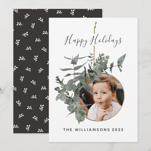 Watercolor Wreath Leaf Botanical Photo  Holiday Card (Front/Back)