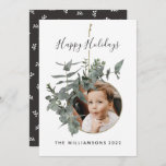 Watercolor Wreath Leaf Botanical Photo  Holiday Card<br><div class="desc">This flat holiday card is perfect for those who love a modern, minimalist design and also want to include a cute, sentimental photo. Features a delicate watercolor botanical wreath frame with photo on the front and a simple black and white leaf pattern on the back. Add your own names personal...</div>