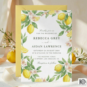 Watercolor Wreath Mediterranean Citrus Wedding Invitation