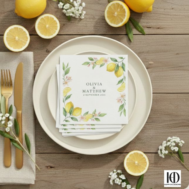 Watercolor Wreath Mediterranean Citrus Wedding Napkins (Creator Uploaded)