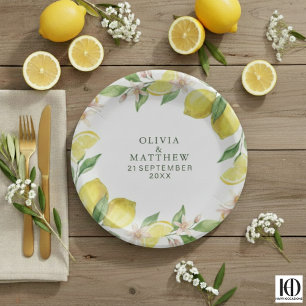 Watercolor Wreath Mediterranean Citrus Wedding Paper Plates