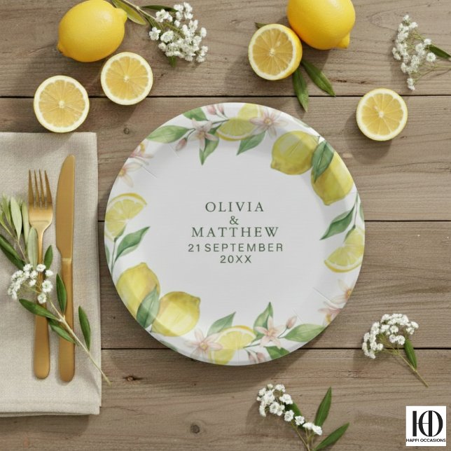 Watercolor Wreath Mediterranean Citrus Wedding Paper Plates (Creator Uploaded)