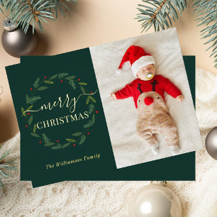 Watercolor Wreath Merry Christmas Baby Photo Foil Holiday Card