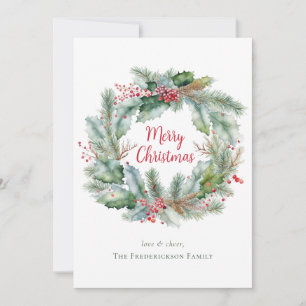 Watercolor Wreath Merry Christmas Personalized Holiday Card