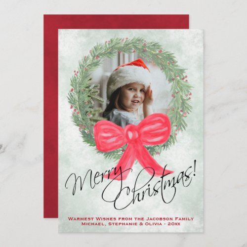 Watercolor Wreath Merry Christmas Photo Frame Holiday Card