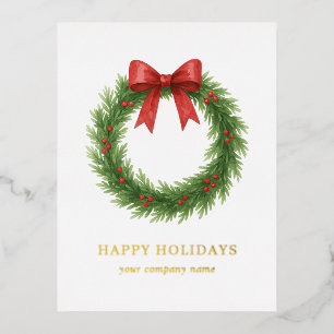 Watercolor Wreath Modern Business Christmas Foil Holiday Postcard