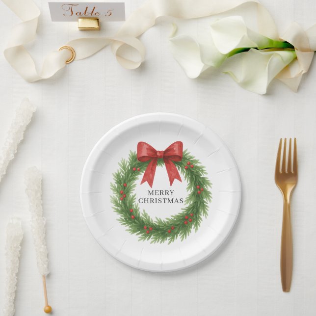 Watercolor Wreath Modern Christmas Paper Plates (Wedding)