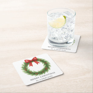 Watercolor Wreath Modern Christmas Square Paper Coaster