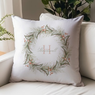 Watercolor Wreath Monogram Green Pink Christmas Throw Pillow