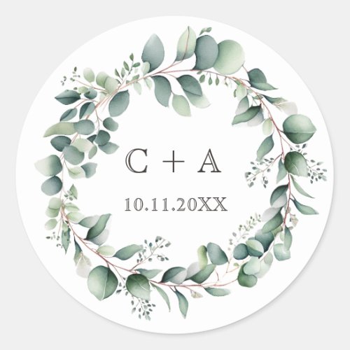 Watercolor Wreath Monogram Round Wedding Sticker 