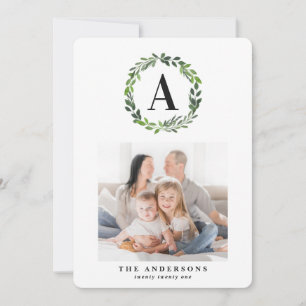 Watercolor wreath multi photo initial holiday card