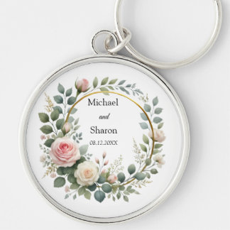 Watercolor Wreath of Soft Pink and White Roses Keychain